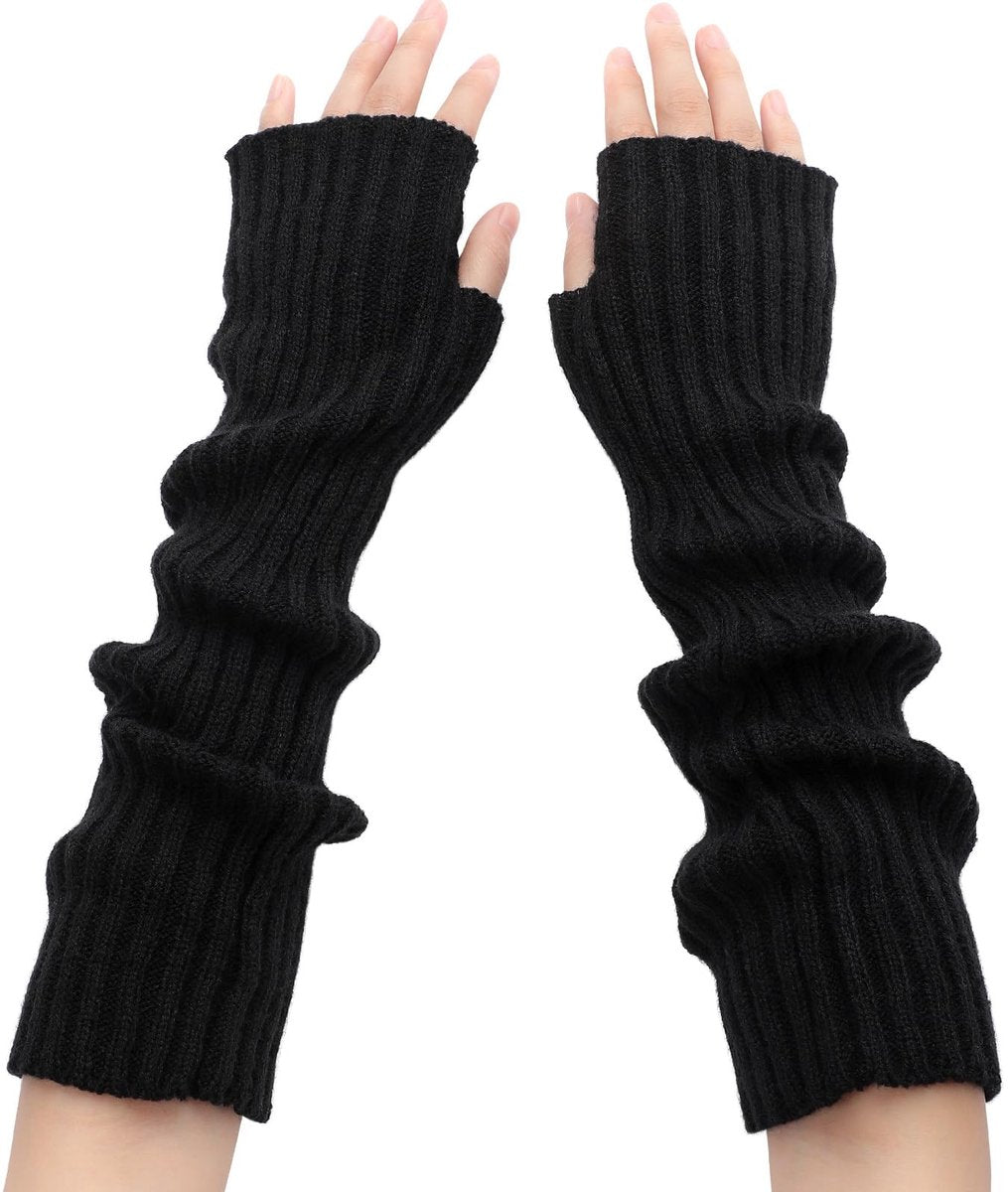 Black Wristbands - Long Knitted Wristbands - Fingerless Gloves - Long Knitted Sleeves for Women - Long Fingerless Sleeves - (Black)