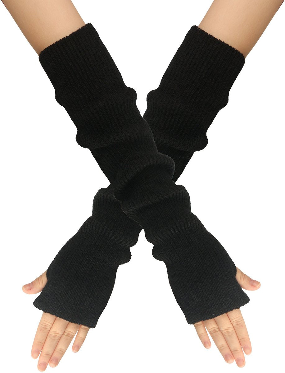 Black Wristbands - Long Knitted Wristbands - Fingerless Gloves - Long Knitted Sleeves for Women - Long Fingerless Sleeves - (Black)