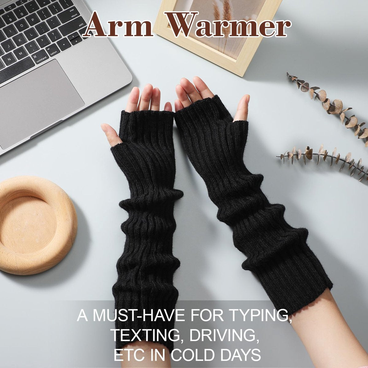 Black Wristbands - Long Knitted Wristbands - Fingerless Gloves - Long Knitted Sleeves for Women - Long Fingerless Sleeves - (Black)