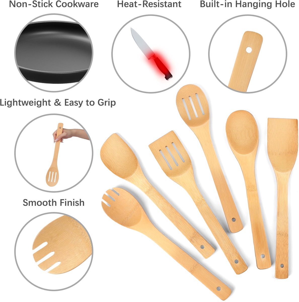 cookware set - 6-piece bamboo spatula and spoon set - Suitable for cooking - Wooden cookware