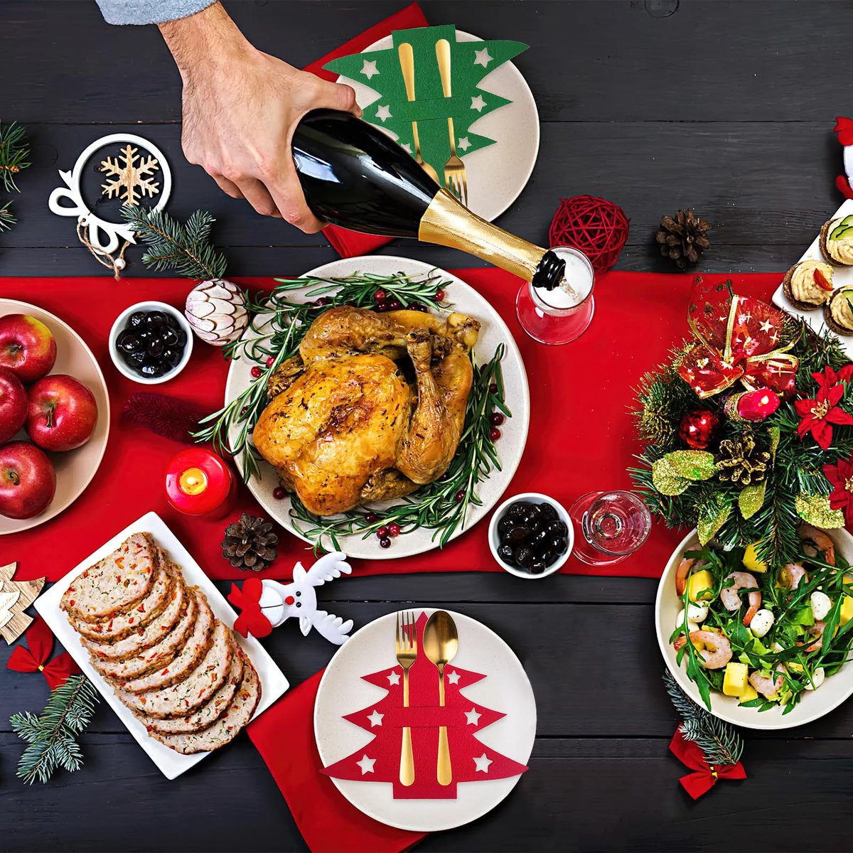 Christmas Tree Cutlery Organizer - 24-Piece Pack - Silver Cutlery Organizer Bag - Cutlery Case - Christmas Tree Pattern Felt Cutlery Case - Christmas Holiday Party Table Decoration