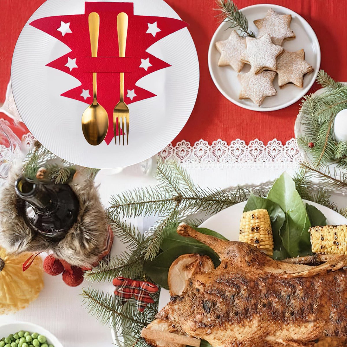 Christmas Tree Cutlery Organizer - 24-Piece Pack - Silver Cutlery Organizer Bag - Cutlery Case - Christmas Tree Pattern Felt Cutlery Case - Christmas Holiday Party Table Decoration