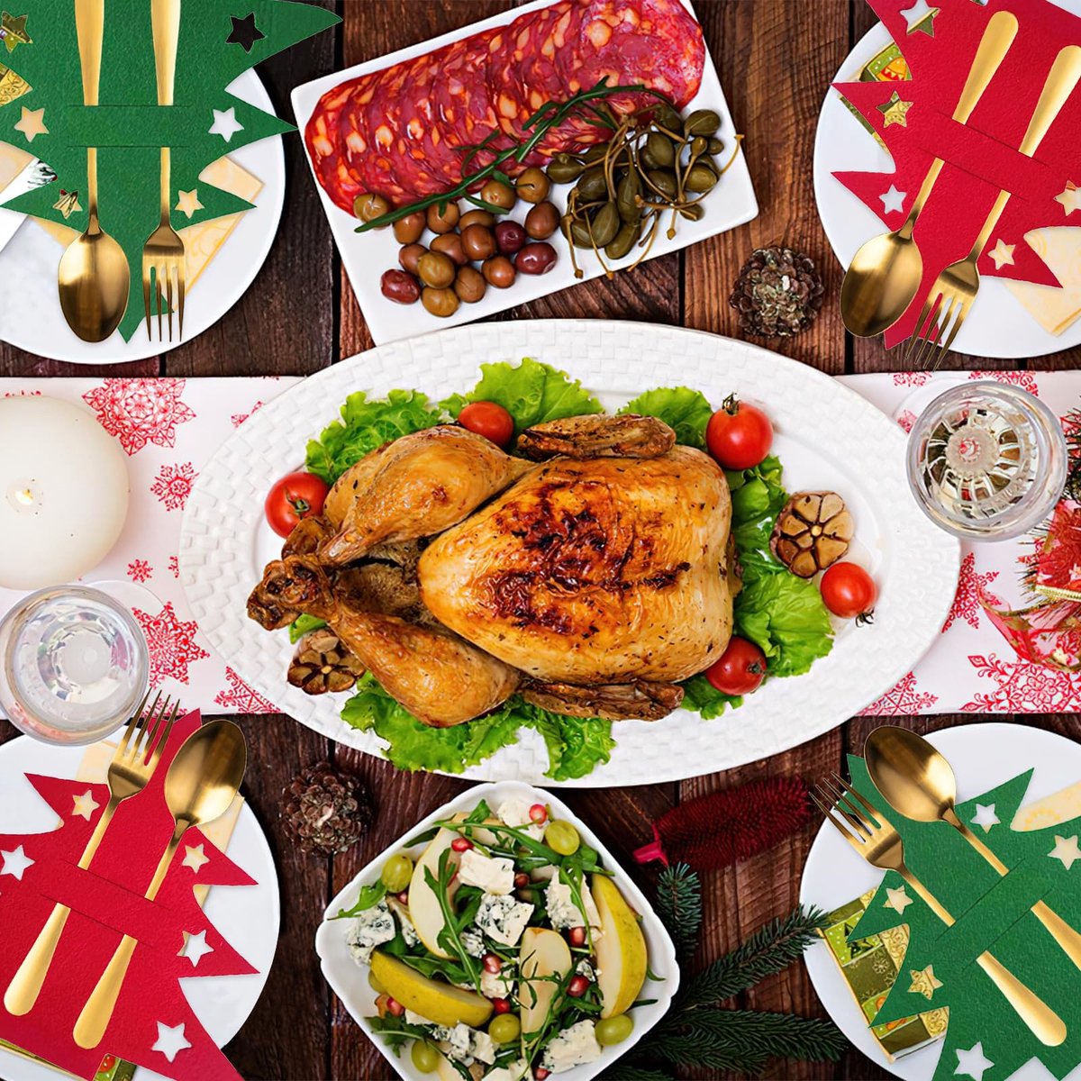 Christmas Tree Cutlery Organizer - 24-Piece Pack - Silver Cutlery Organizer Bag - Cutlery Case - Christmas Tree Pattern Felt Cutlery Case - Christmas Holiday Party Table Decoration