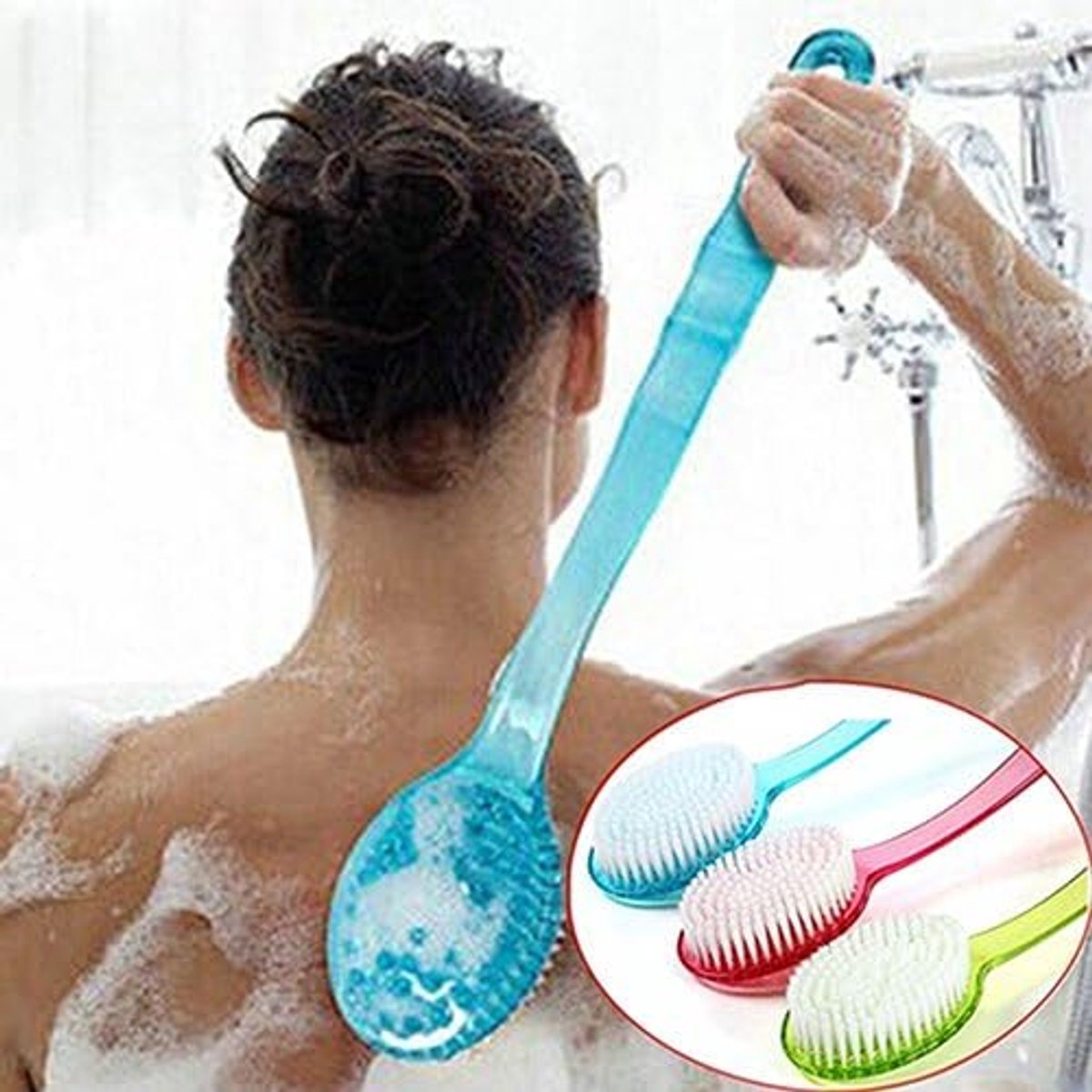 1 piece - Long handle - Household bath brush - Back brush (blue)