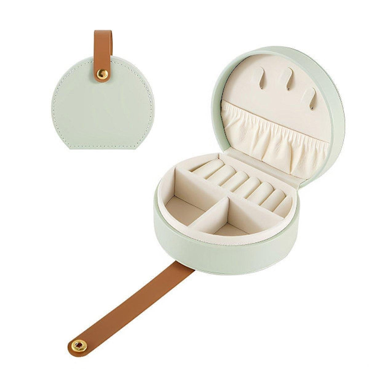 Small portable leather jewelry box - travel box - for necklaces, rings and earrings - green