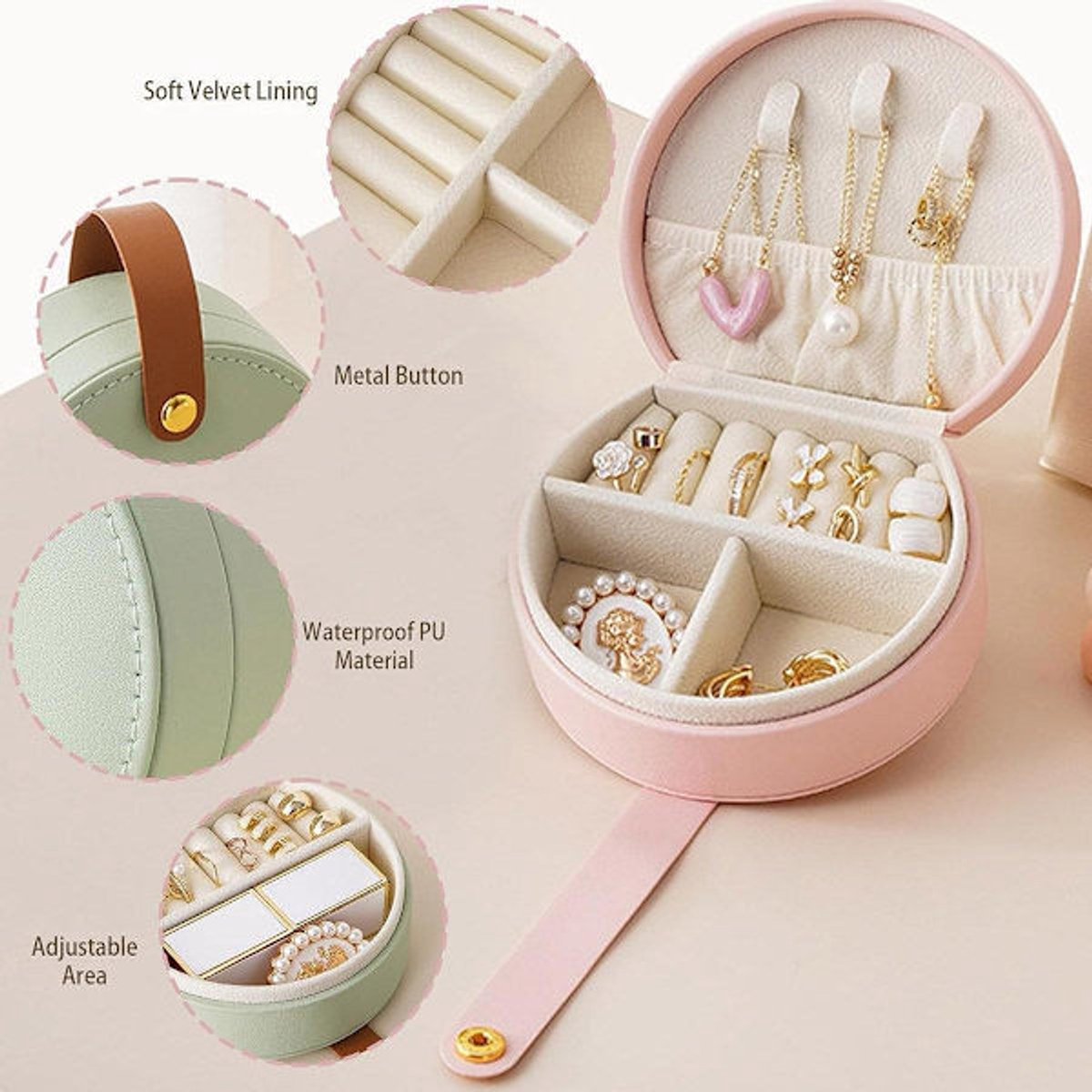 Small portable leather jewelry box - travel box - for necklaces, rings and earrings - green