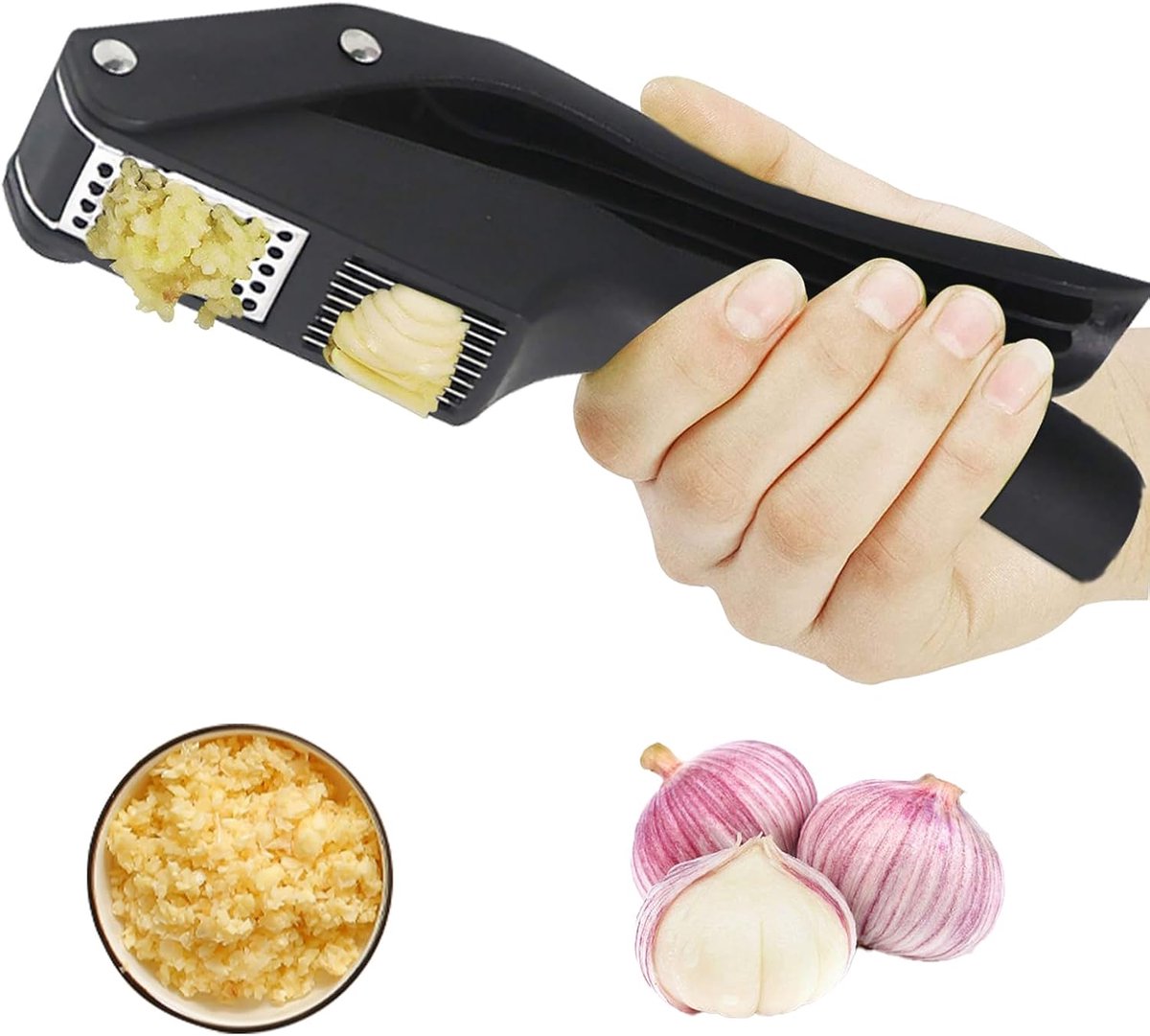 2-in-1 Garlic Press - Stainless Steel Garlic Press - Kitchen Garlic Press - Ginger Press - Non-slip - Easy to Clean (Black)