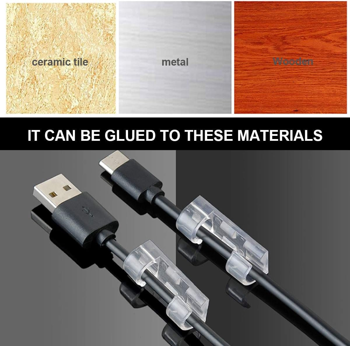 40 7mm Cable Organizer Clips with Adhesive Backing - Wall Mount Cable Clips - Cable Holder with Clips - Cable Clips for Home or Office - Desk Cables - Wall - Cable Management for TV, PC and Laptops