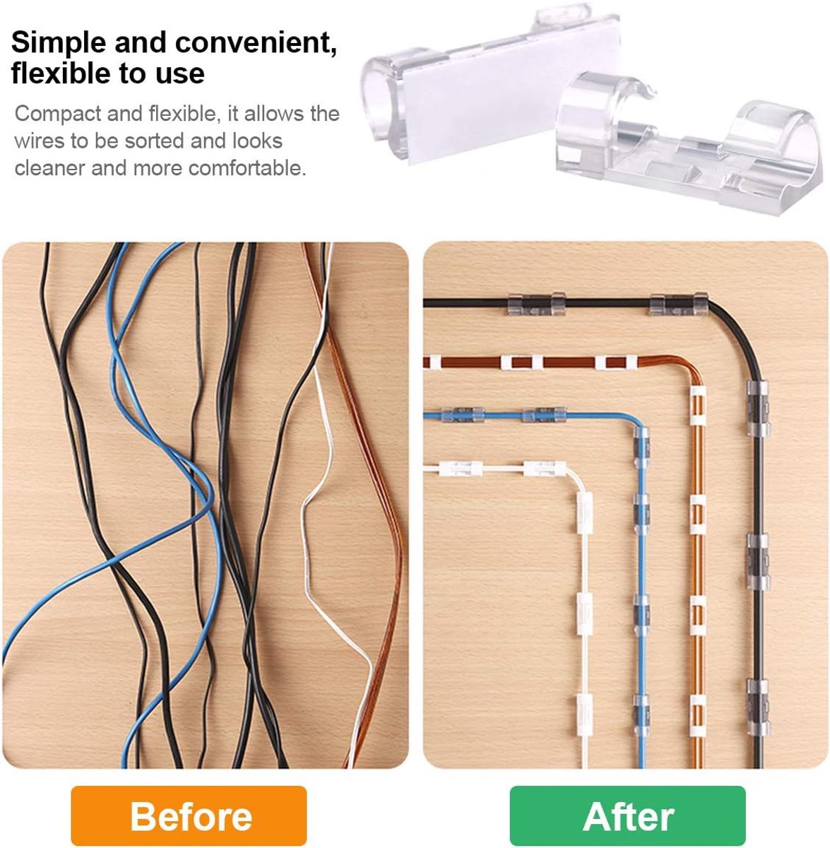 40 7mm Cable Organizer Clips with Adhesive Backing - Wall Mount Cable Clips - Cable Holder with Clips - Cable Clips for Home or Office - Desk Cables - Wall - Cable Management for TV, PC and Laptops