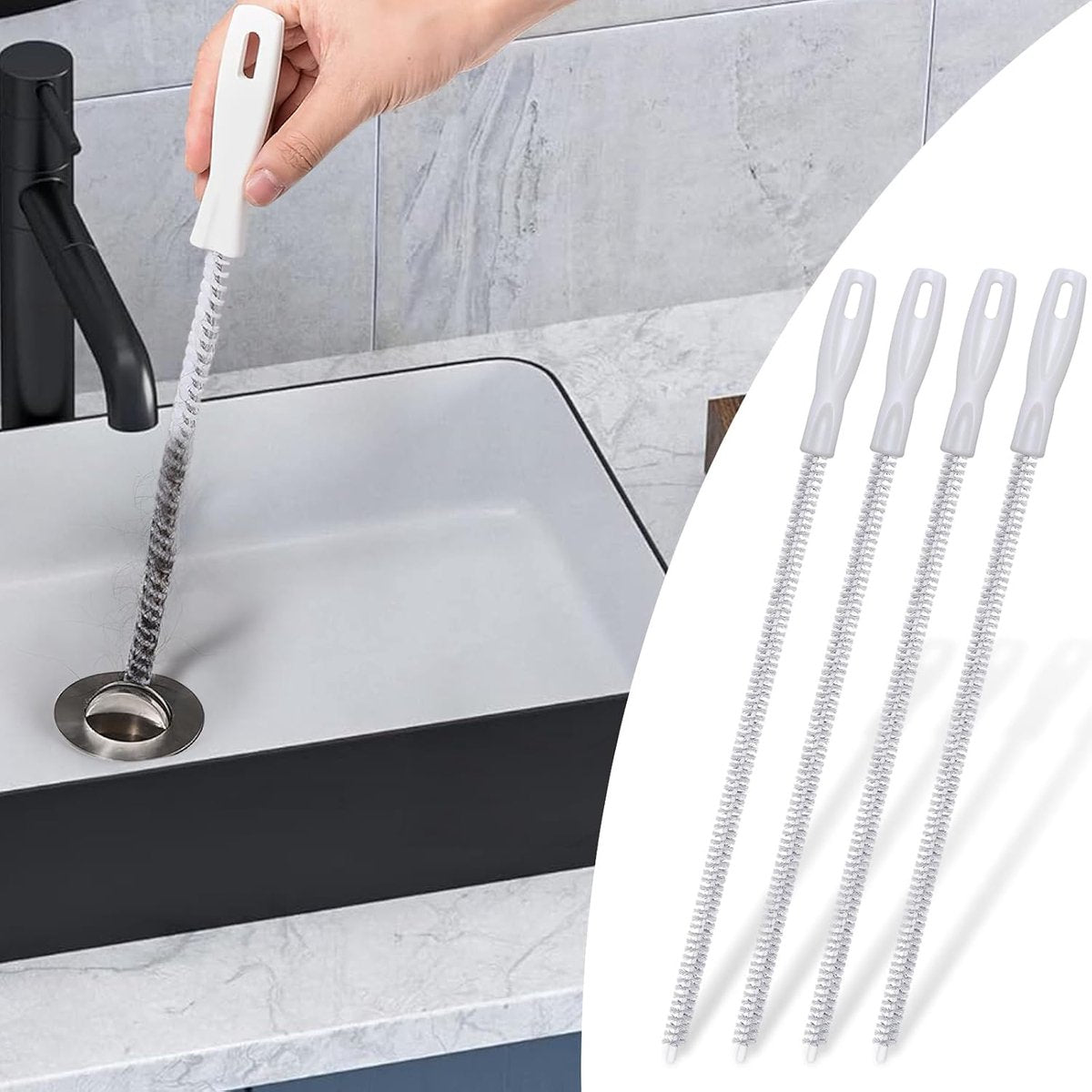 4-piece sink cleaning brush set - Drain brush - 45 cm - Flexible sink cleaning brush - Drain tool - Drain spring - Suitable for kitchen and bathroom drains and overflow pipes