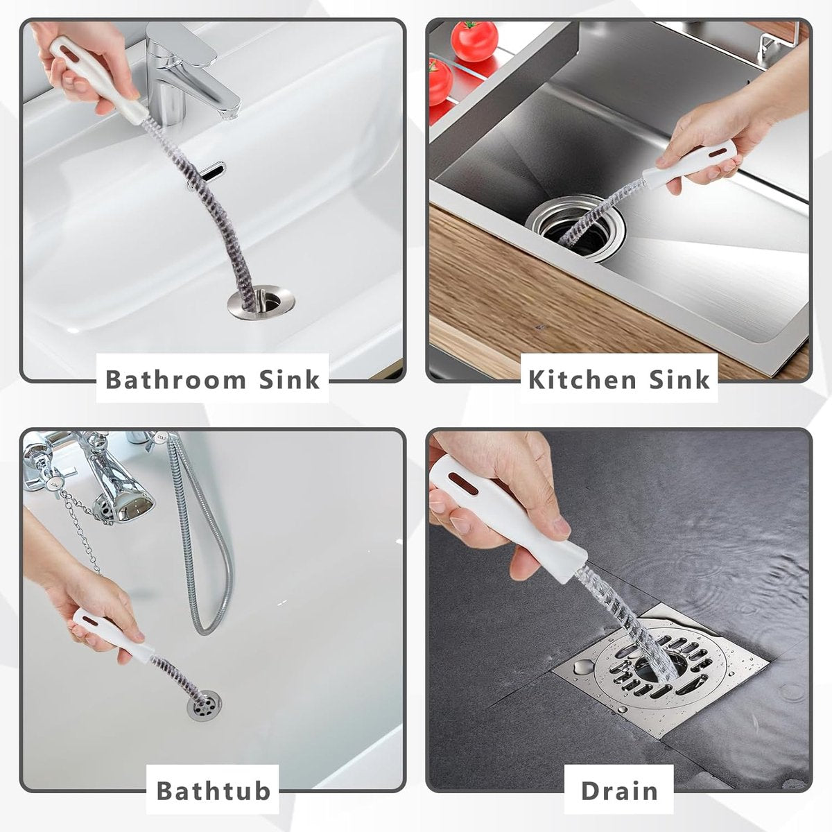 4-piece sink cleaning brush set - Drain brush - 45 cm - Flexible sink cleaning brush - Drain tool - Drain spring - Suitable for kitchen and bathroom drains and overflow pipes