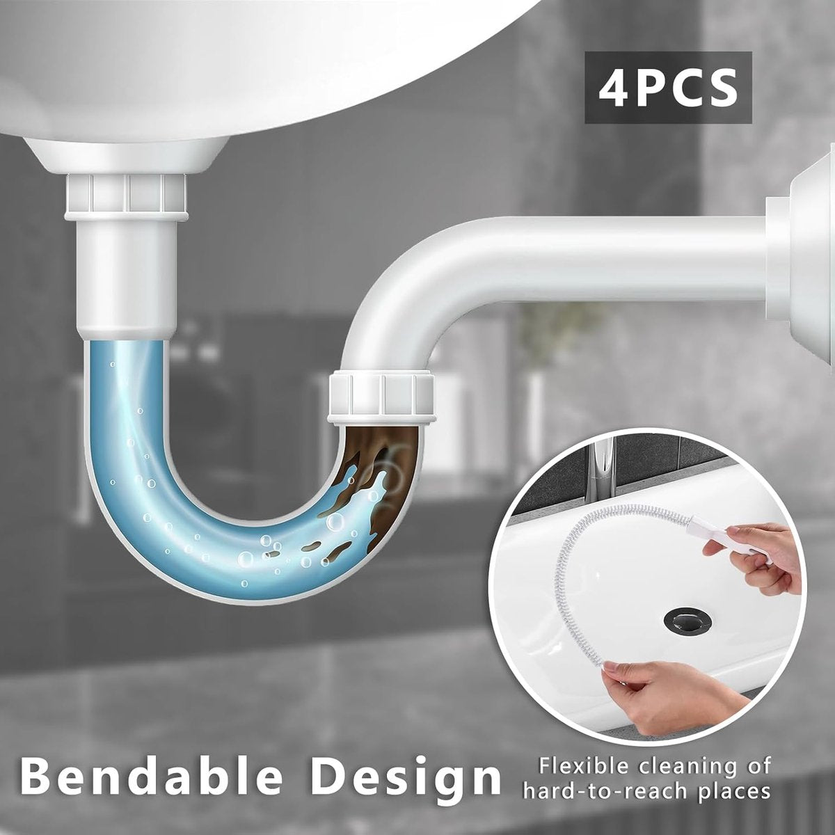 4-piece sink cleaning brush set - Drain brush - 45 cm - Flexible sink cleaning brush - Drain tool - Drain spring - Suitable for kitchen and bathroom drains and overflow pipes