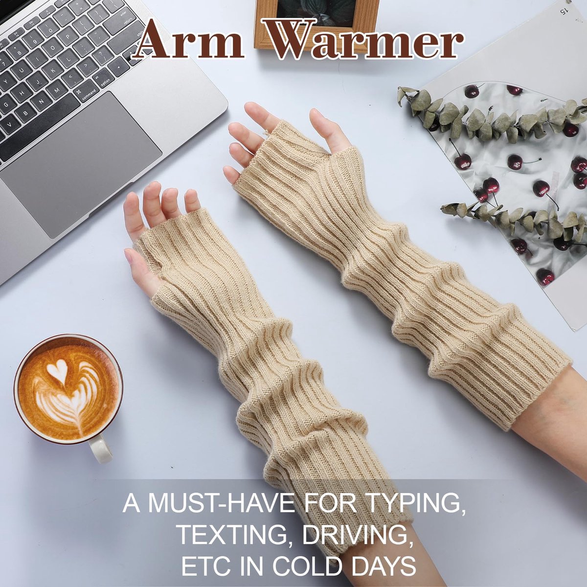 Arm Sleeves - Women's Long Fingerless - Knitted Y2K Arm Sleeves - (Beige)