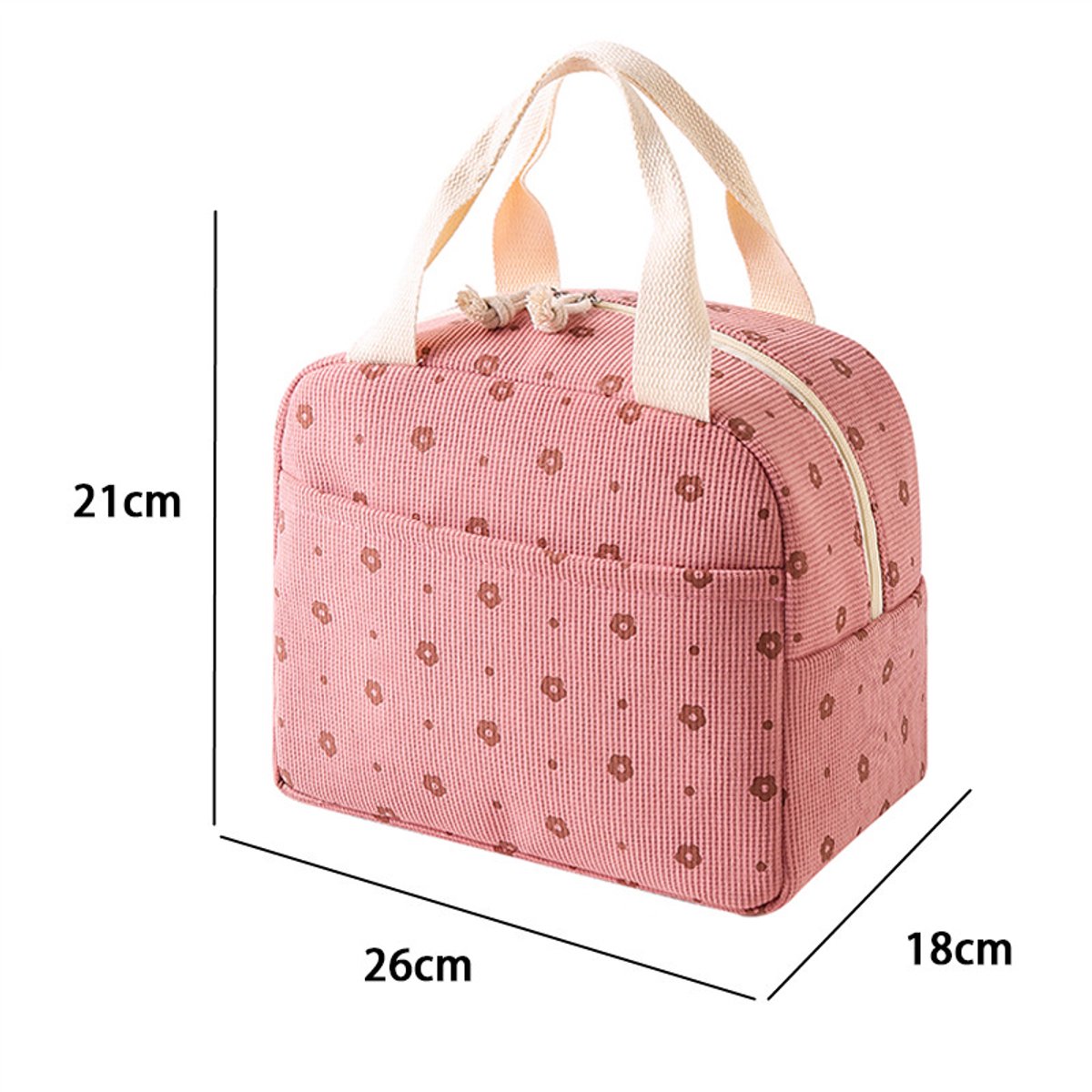 Lunch Bag - Corduroy - Lunch Box for Students/Work - Insulated Bag - Waterproof - Portable Handle - Cute Lunch Bag - Pink