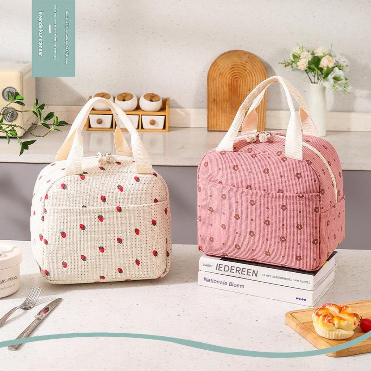 Lunch Bag - Corduroy - Lunch Box for Students/Work - Insulated Bag - Waterproof - Portable Handle - Cute Lunch Bag - Pink