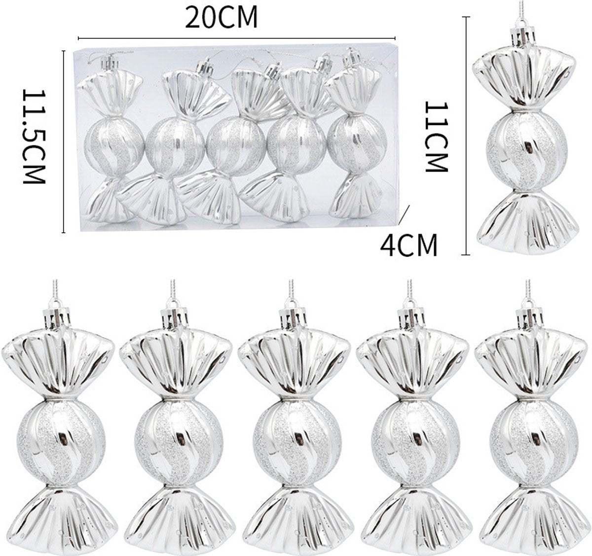Christmas Decorations - Christmas Decorations - Painted Candy Christmas Tree Decorations - Silver (5 per box)