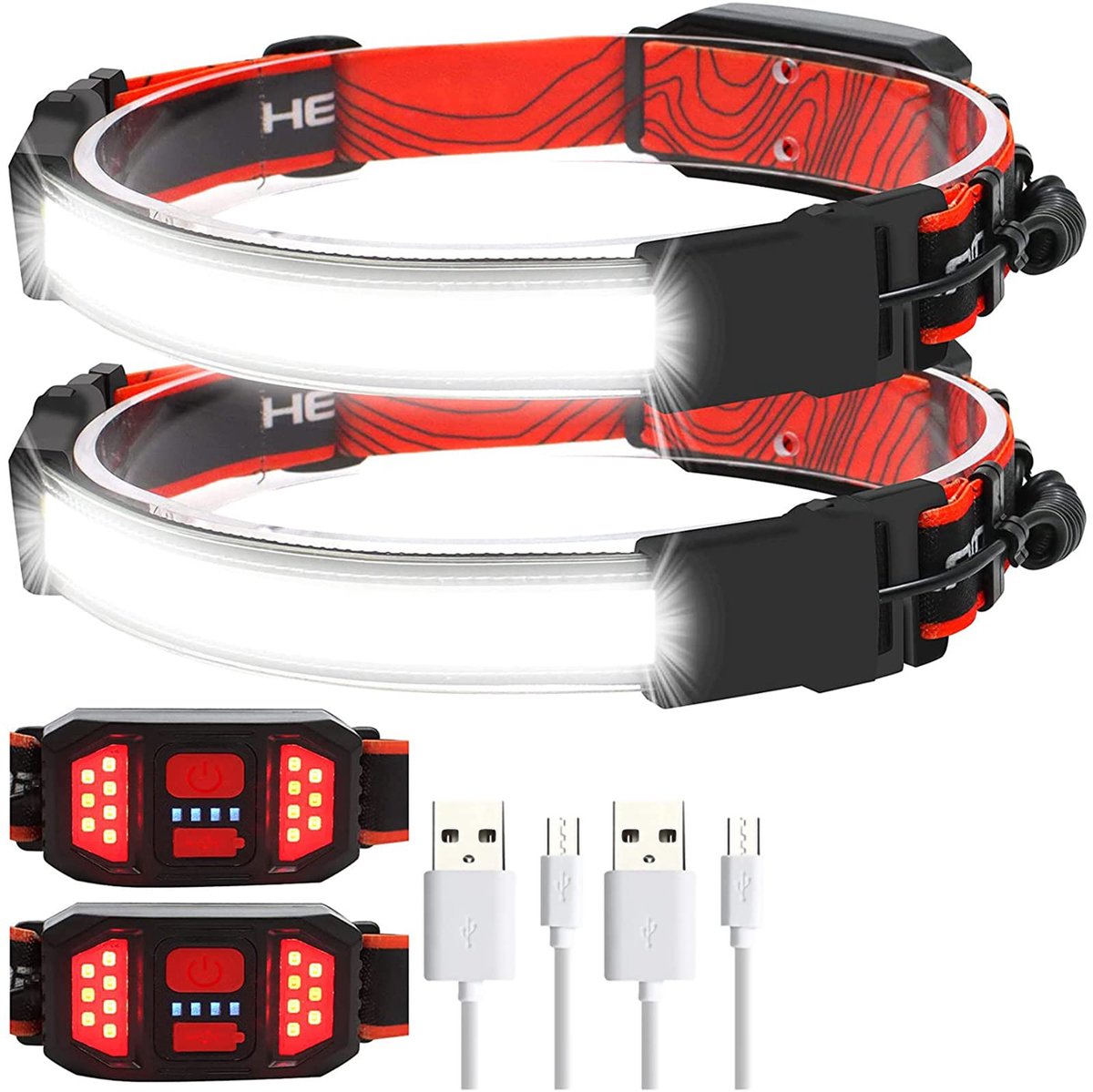 Headlamp LED Rechargeable - Headlight - 2-Pack Rechargeable LED Headlamp - 230° Wide Angle Lighting - High Lumens, 3 Modes - Lightweight Headlamp - Suitable for Running, Cycling, Camping