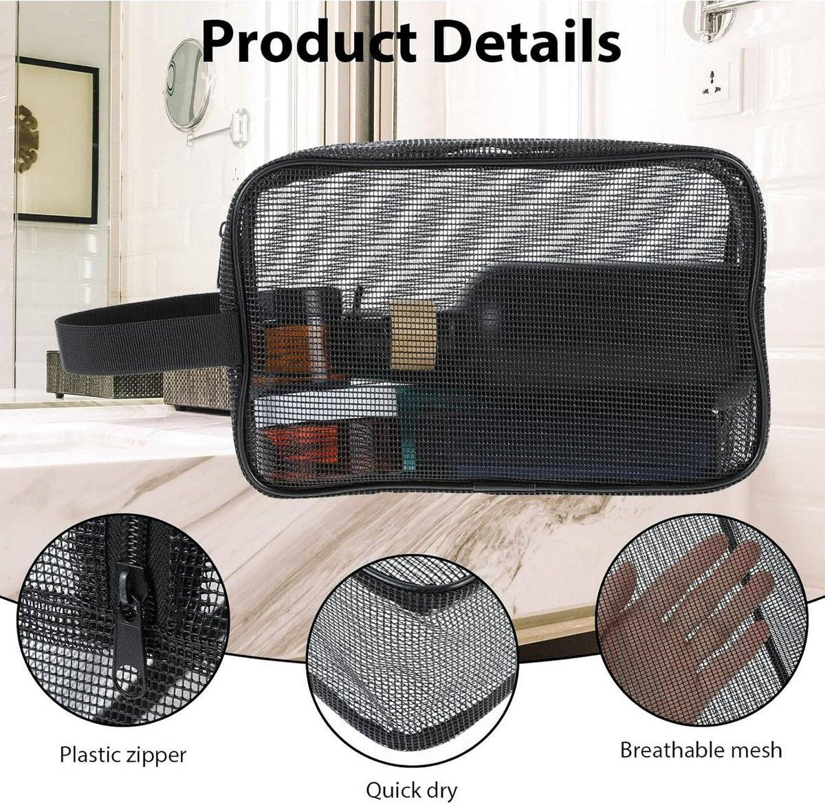 Toiletry Bag - Black Mesh Toiletry Bag - Perfect for travel, toiletry bag organizer, gym, camping