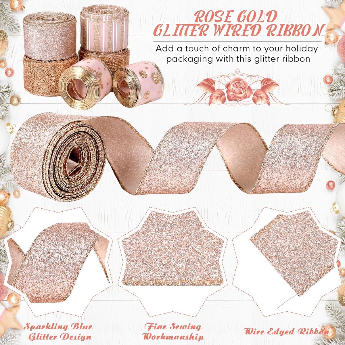 6 Rolls - Sparkling Gold Silk - Suitable for Christmas Trees, Gift Bows, DIY Crafts, Wreaths & Home Decor - 1.5" Wide x 19" Long (Rose Gold)