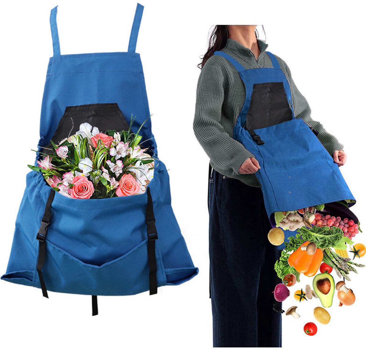 Apron Picking Bag - Large Outdoor Picking Bag - Gardening - Harvest Apron with Quick Release - Backpack Tools - Blue