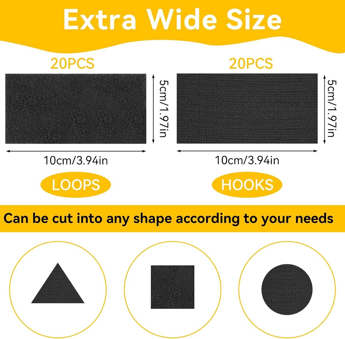 Self-adhesive hook and loop tape - 20 sheets - 50 x 100 mm Self-adhesive hook and loop tape - Wide hook and loop adhesive pads - Ideal for sewing, DIY projects, office supplies and crafts