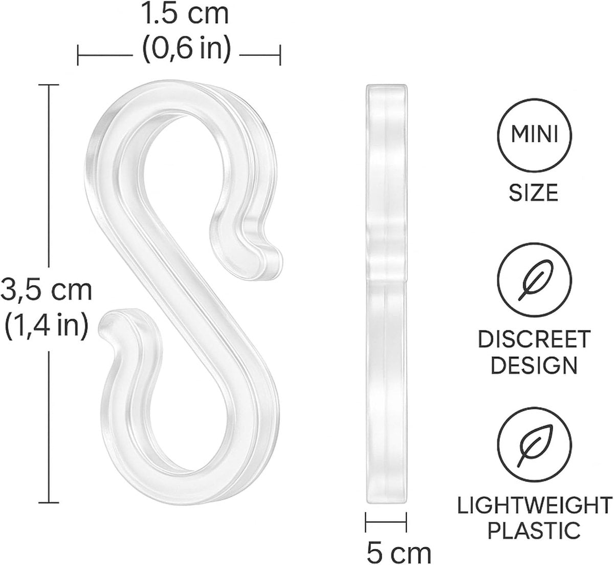 Hooks - Groove Hooks - 50 pieces - 3.5 cm - Transparent - Reusable plastic - Mini S-shaped design - Groove clips for outdoor lighting - Holds Christmas decorations securely