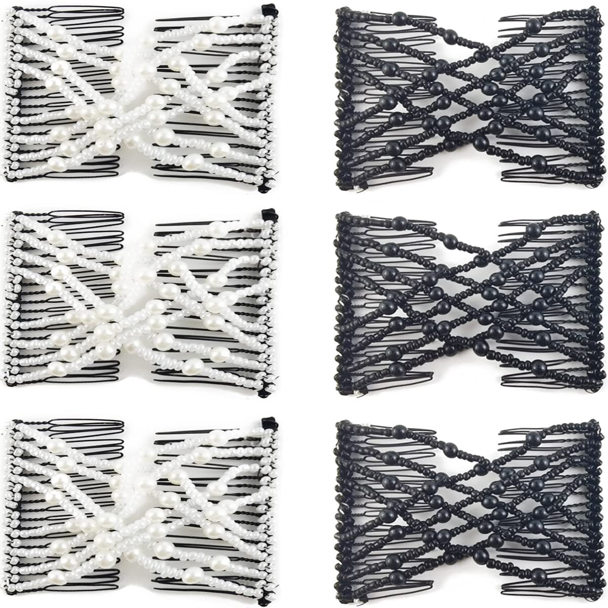 6-Pack Pearl Hair Combs - Elastic Magic Hairpins - Hair Clamps - Hair Clip - Black & White - For All Hair Types