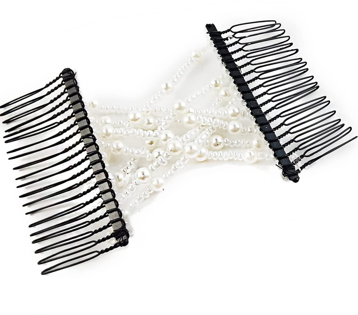 6-Pack Pearl Hair Combs - Elastic Magic Hairpins - Hair Clamps - Hair Clip - Black & White - For All Hair Types