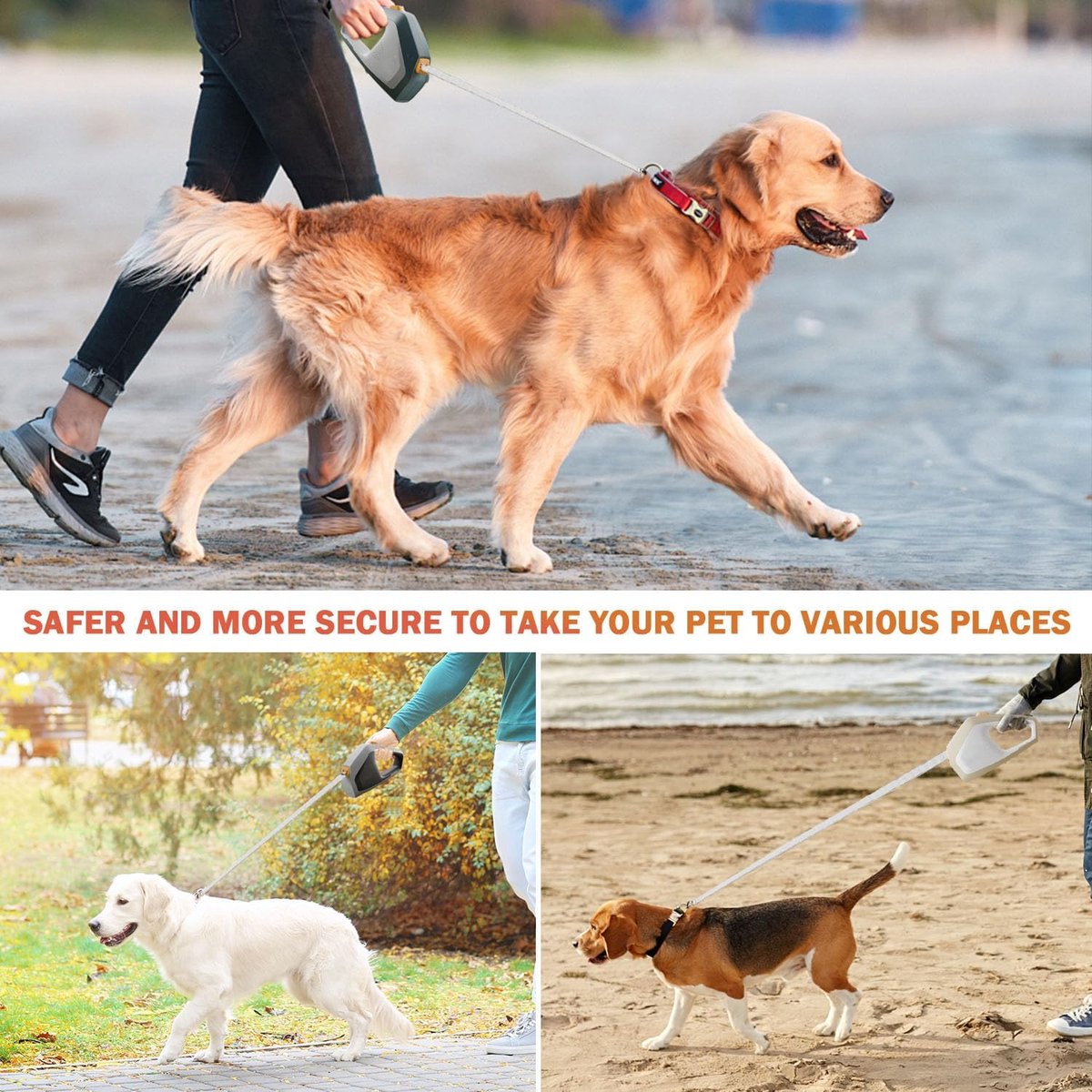 Dog Leash - Retractable Dog Leash - Strong Nylon Rope - 16 Feet (4.9 Meters) - One-Hand Brake, Stop, and Lock - Suitable for Medium and Large Dogs up to 105 lbs (49.9 kg) - Suitable for Walking and Training (White)