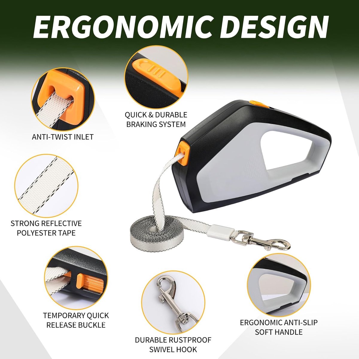 Dog Leash - Retractable Dog Leash - Strong Nylon Rope - 16 Feet (4.9 Meters) - One-Hand Brake, Stop, and Lock - Suitable for Medium and Large Dogs up to 105 lbs (49.9 kg) - Suitable for Walking and Training (White)