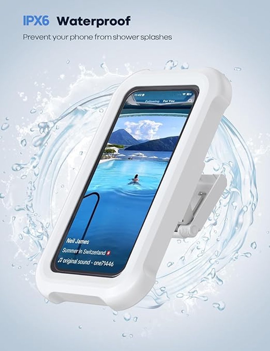 1-Piece Shower Phone Holder - Waterproof - 360° Rotatable, Retractable & Adjustable Phone Case - Bathroom Wall Mount - Waterproof & Anti-Fog Phone Case - Suitable for 4-7 Inch Phones (White)