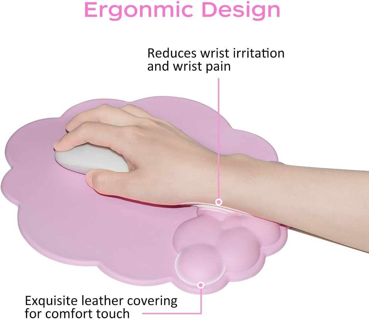 Mouse Pad - Mouse Pad with Wrist Rest - Ergonomic Mouse Pad - Mouse Pad with Leather Surface, Suitable for Computers, Laptops, Office, Home and Travel, with Non-Slip Bottom - Pink