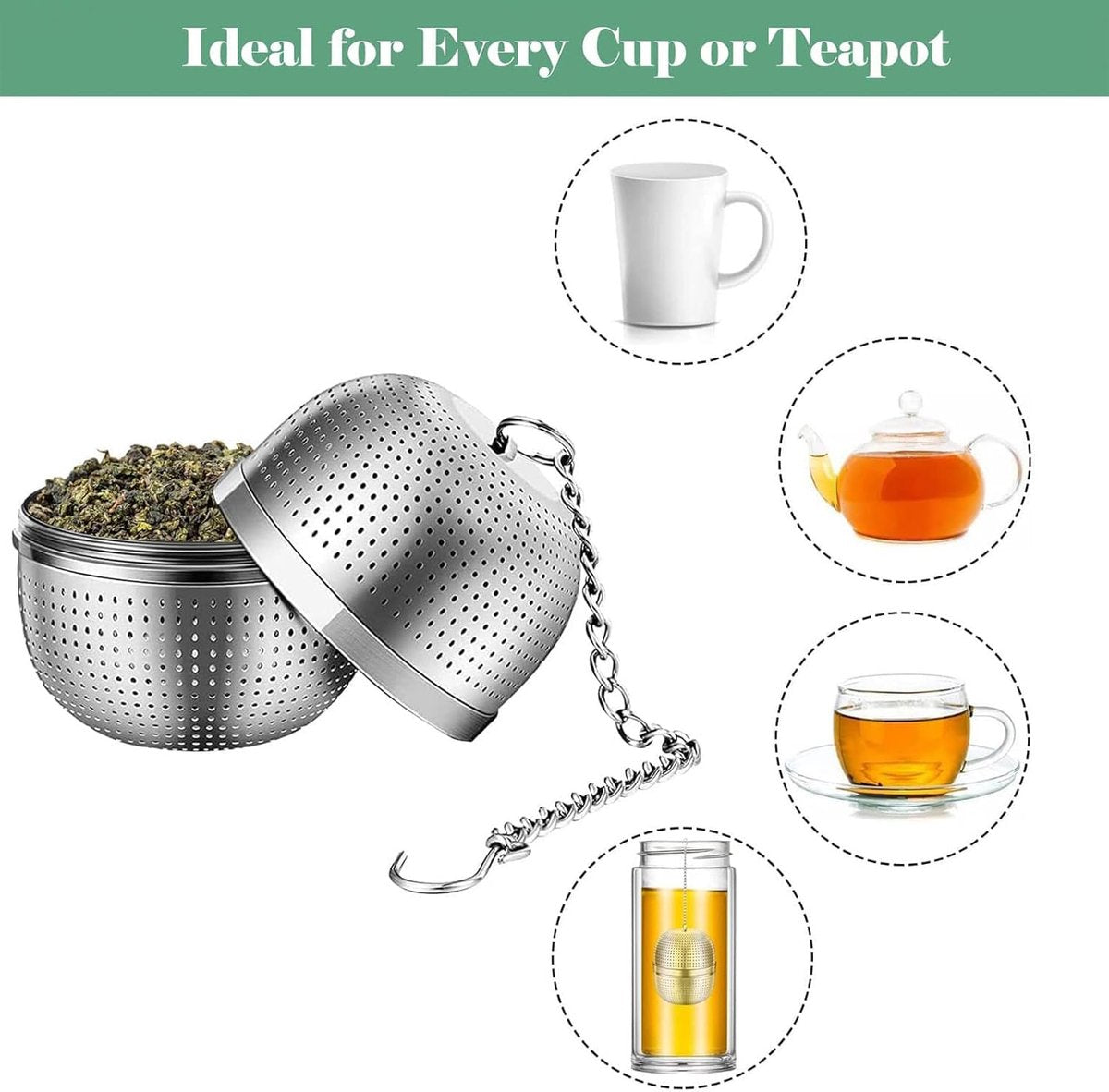 Tea strainer made of stainless steel - Tea filter - Tea strainer made of stainless steel 304 - with chain - Suitable for teacups / teapots / kettles