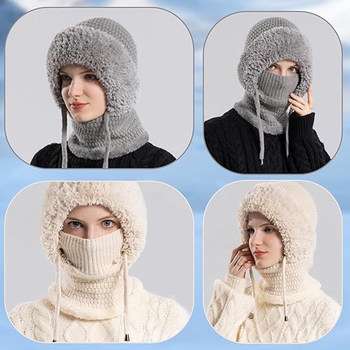 3-in-1 Insulated Hat, Scarf & Face Mask - Knitted Hooded Hat - Ski Face Mask - Warm, Windproof Knitted Headband/Scarf for Fall/Winter - Suitable for Skiing, Hiking and Other Outdoor Sports - Gray