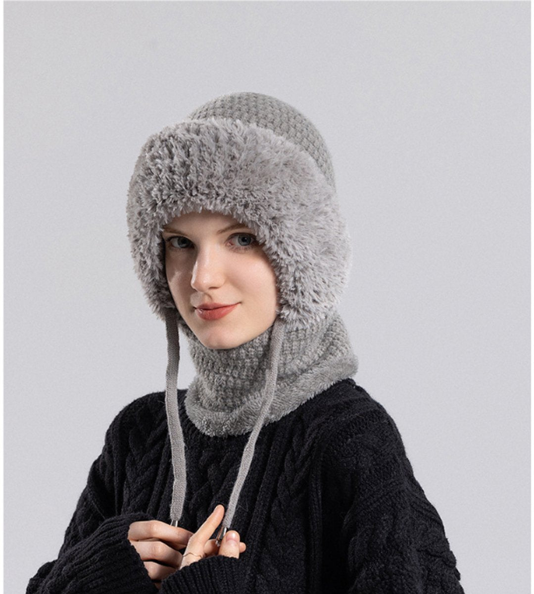 3-in-1 Insulated Hat, Scarf & Face Mask - Knitted Hooded Hat - Ski Face Mask - Warm, Windproof Knitted Headband/Scarf for Fall/Winter - Suitable for Skiing, Hiking and Other Outdoor Sports - Gray