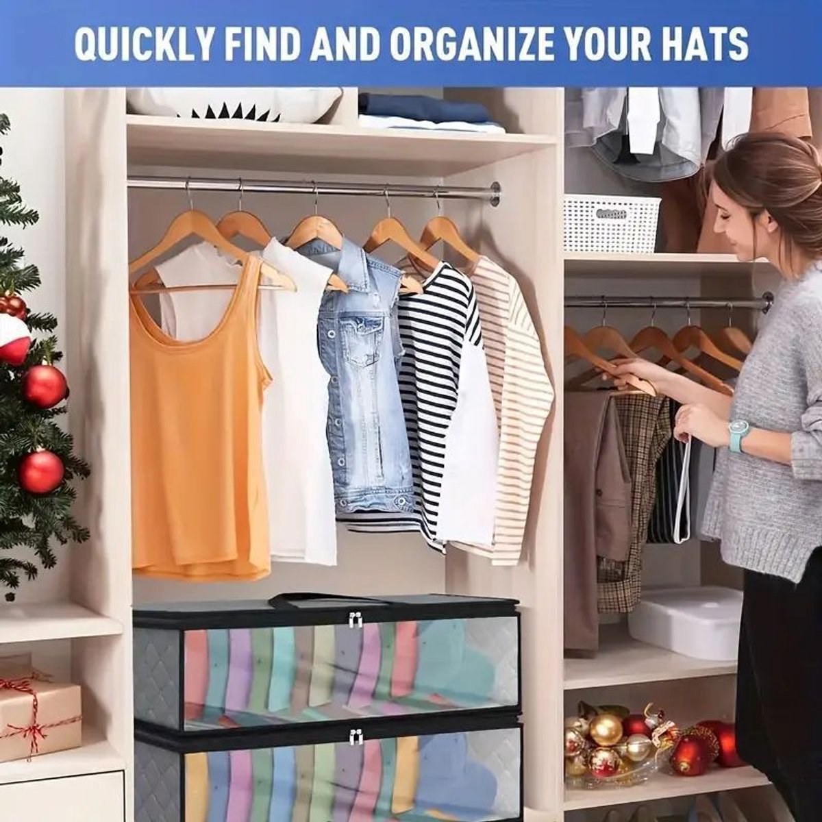 Cap Storage Bag | Set of 2 Storage Bag / Storage Sleeve - for baseball caps and other caps | Cap Organizer with 2 Handles for Closet | Moisture Protection - Gray