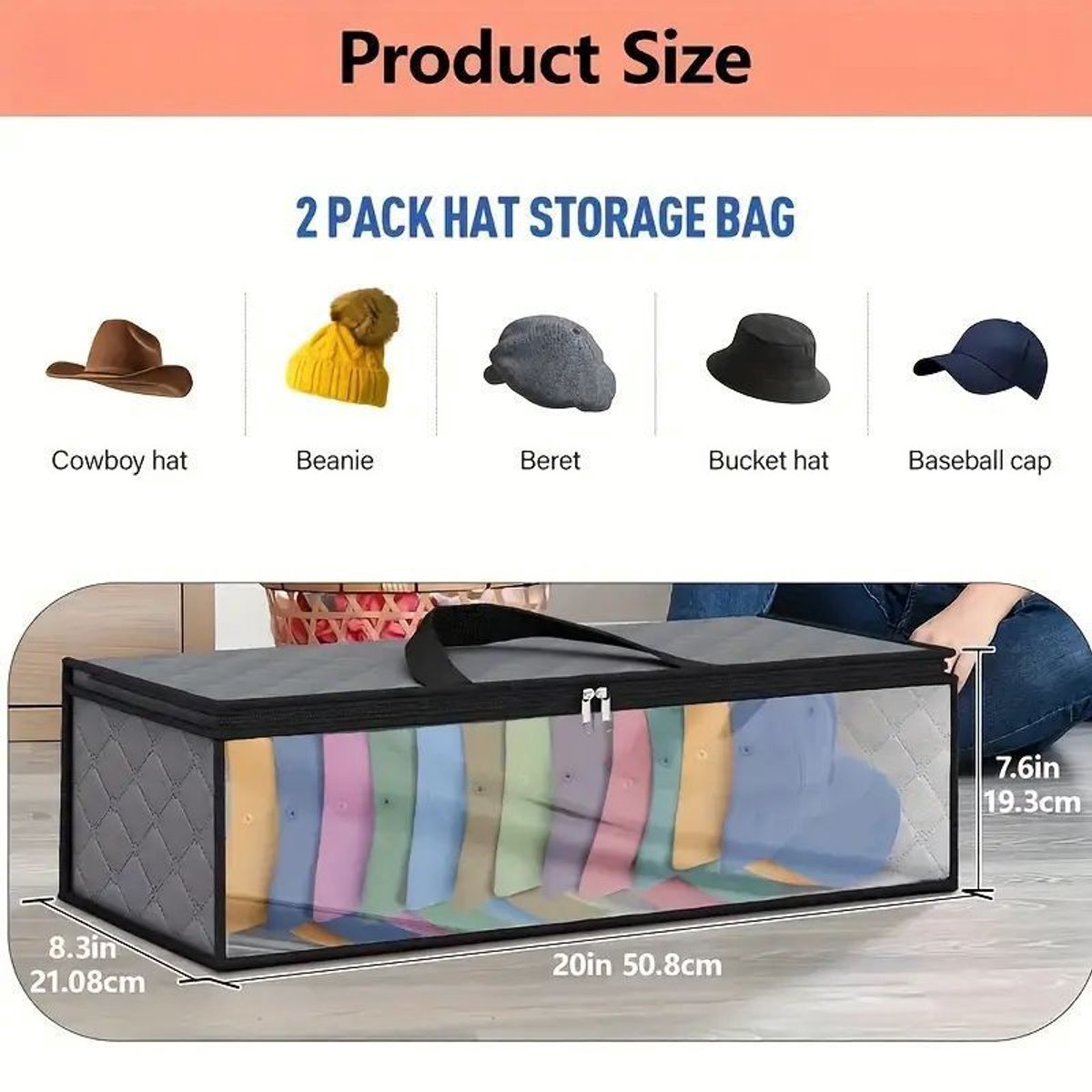 Cap Storage Bag | Set of 2 Storage Bag / Storage Sleeve - for baseball caps and other caps | Cap Organizer with 2 Handles for Closet | Moisture Protection - Gray
