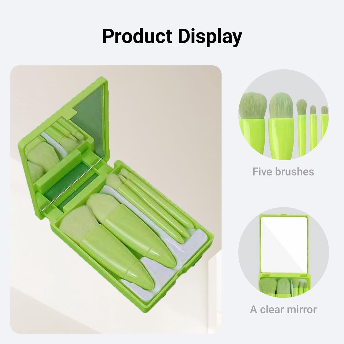 Makeup Brush Set - 5-Pack - Portable - Travel Makeup Brush Set with Mirror Case - Professional Foundation Brush, Eyeshadow Brush, and Blending Brush for Women - Green