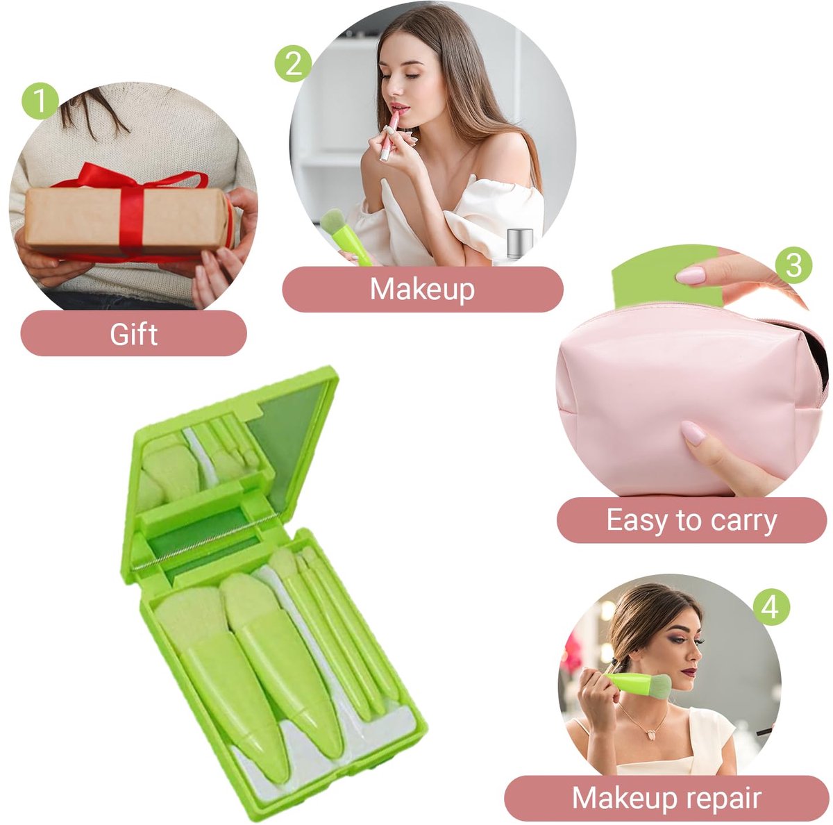 Makeup Brush Set - 5-Pack - Portable - Travel Makeup Brush Set with Mirror Case - Professional Foundation Brush, Eyeshadow Brush, and Blending Brush for Women - Green