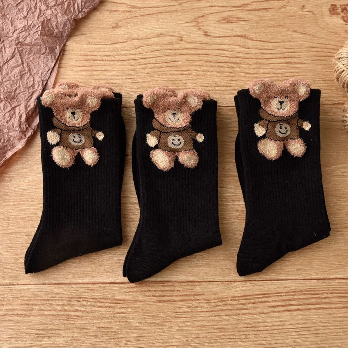 Socks 3-pack - House socks - fluffy socks - Casual socks - Indoor & Outdoor Wearable - Soft & Warm - socks men - socks women - Unisex Women - Size 36 to 42 - Black Bear