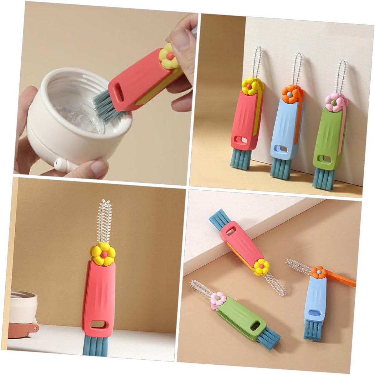 Brush - 3-piece set - Multifunctional cleaning brush - With soft bristles - Suitable for glass lids and bottle caps - Ideal for small spaces and cup accessories