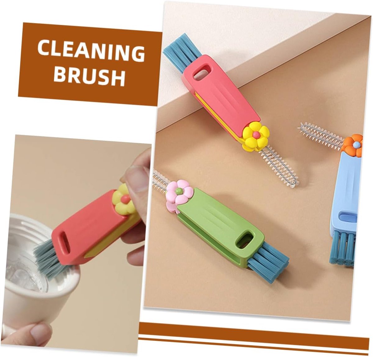 Brush - 3-piece set - Multifunctional cleaning brush - With soft bristles - Suitable for glass lids and bottle caps - Ideal for small spaces and cup accessories