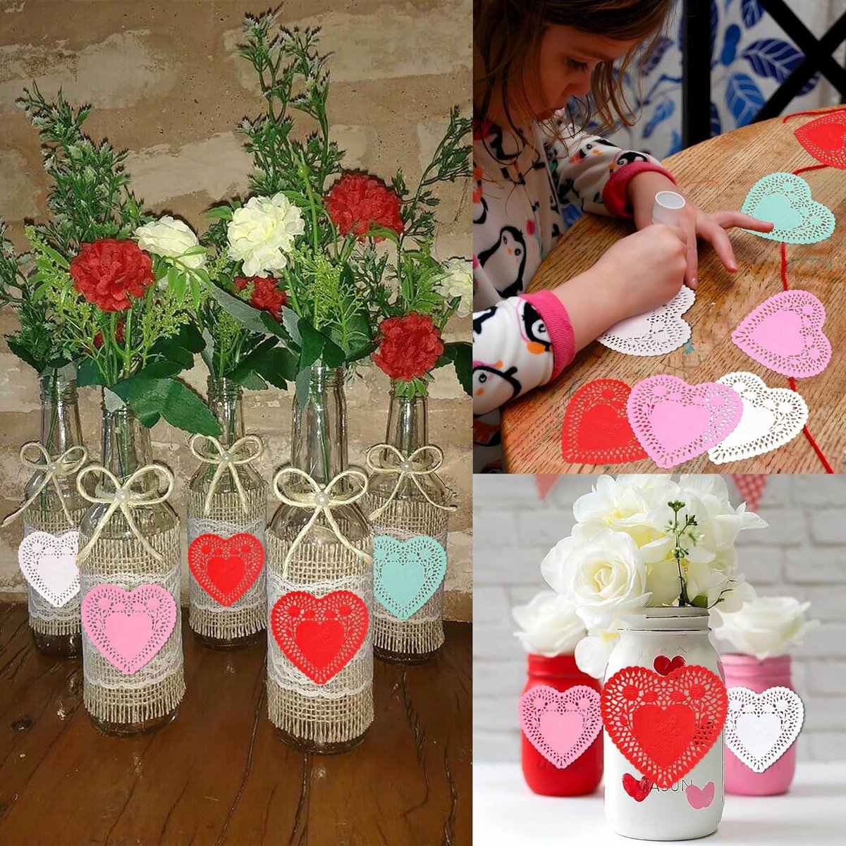 600 Paper Heart Tablecloths - Valentine's Day Decorations, Red/Pink/White Lace Cutouts - Valentine's Day Decorations for Weddings & Parties - 4 Inches