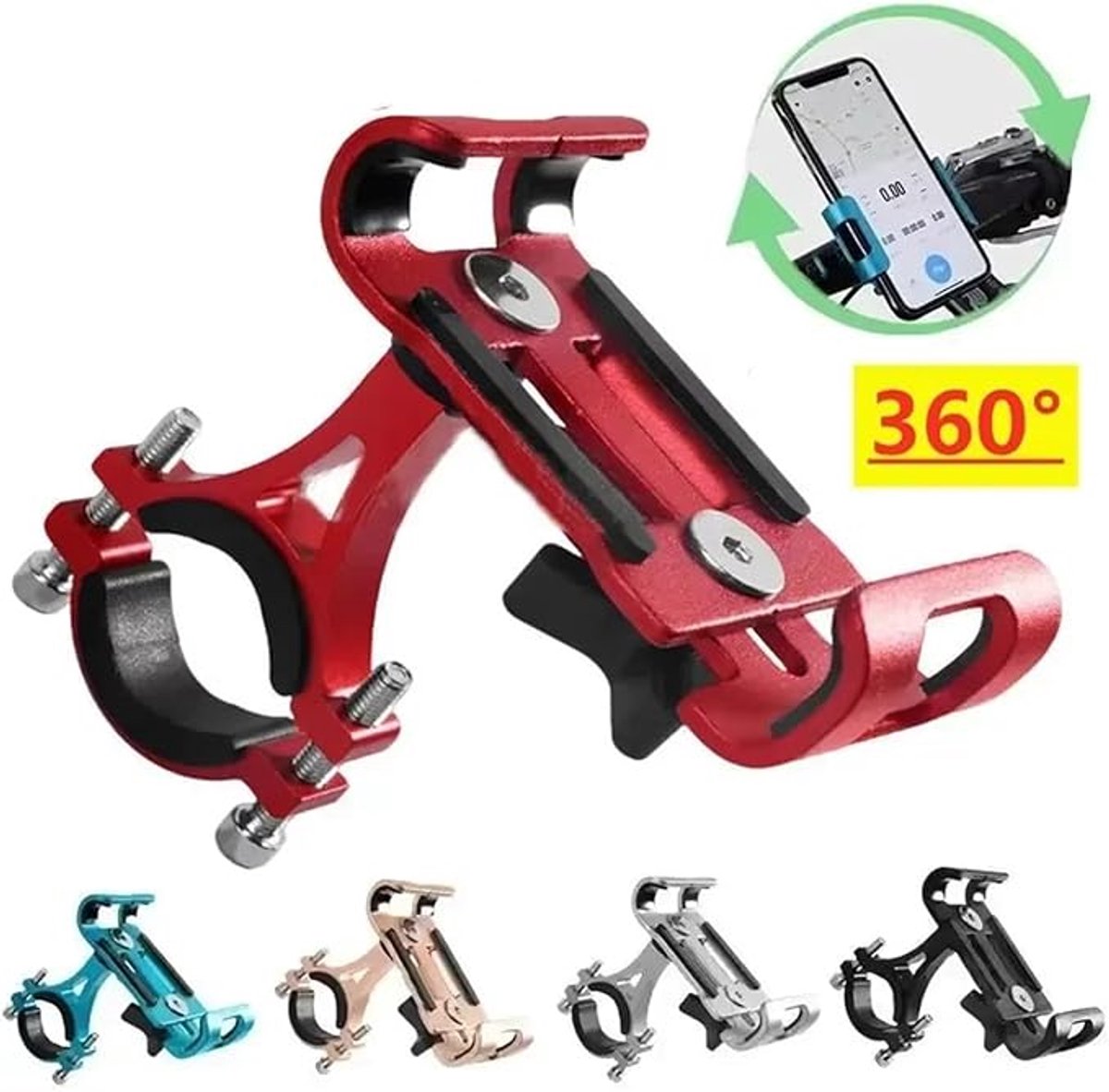 Phone holder for bicycle and motorcycle - Universal phone holder - 360° rotatable and tiltable - Bicycle accessories - Red