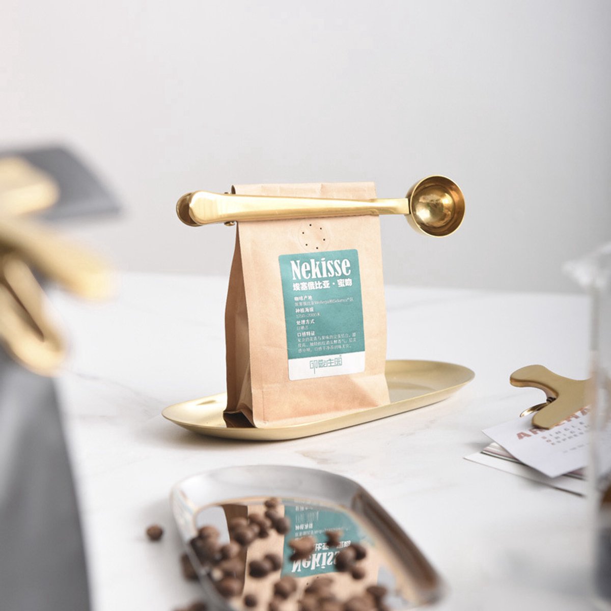 Coffee spoon - measuring spoon with closing clip - coffee accessories - bean spoon - measuring spoon - gold