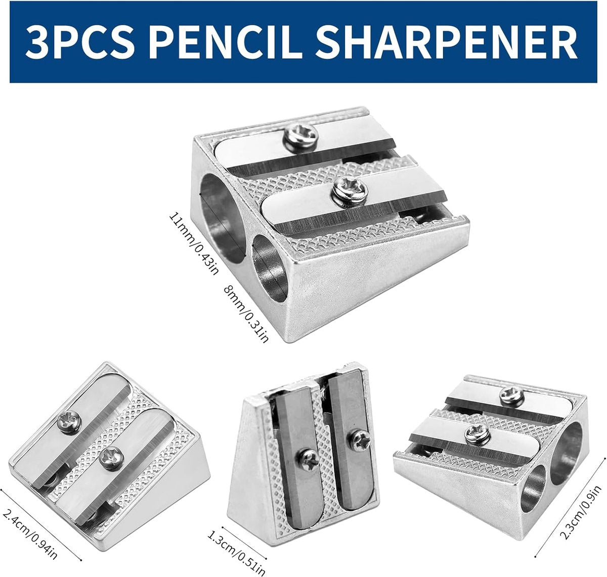 Set of 3 Metal Pencil Sharpeners - Suitable for Children - Colored Pencils - Cosmetics - Lip Liner and Eyeliner - Home - School & Office Supplies