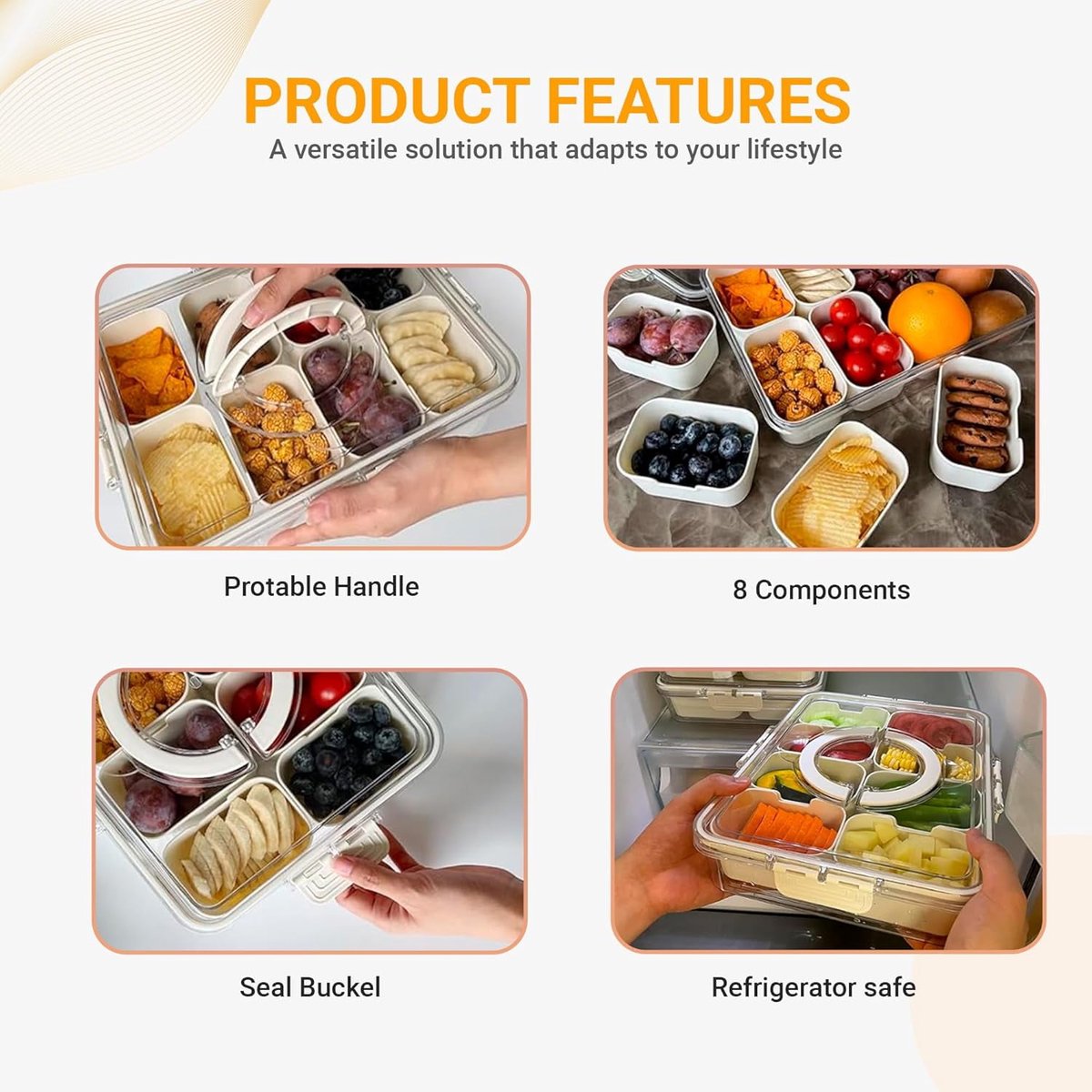 Snack Boxes - Divided trays with lids and handles - Transparent snack boxes for fruit, snacks, sweets and nuts - Ideal for parties and picnics (pack of 2)