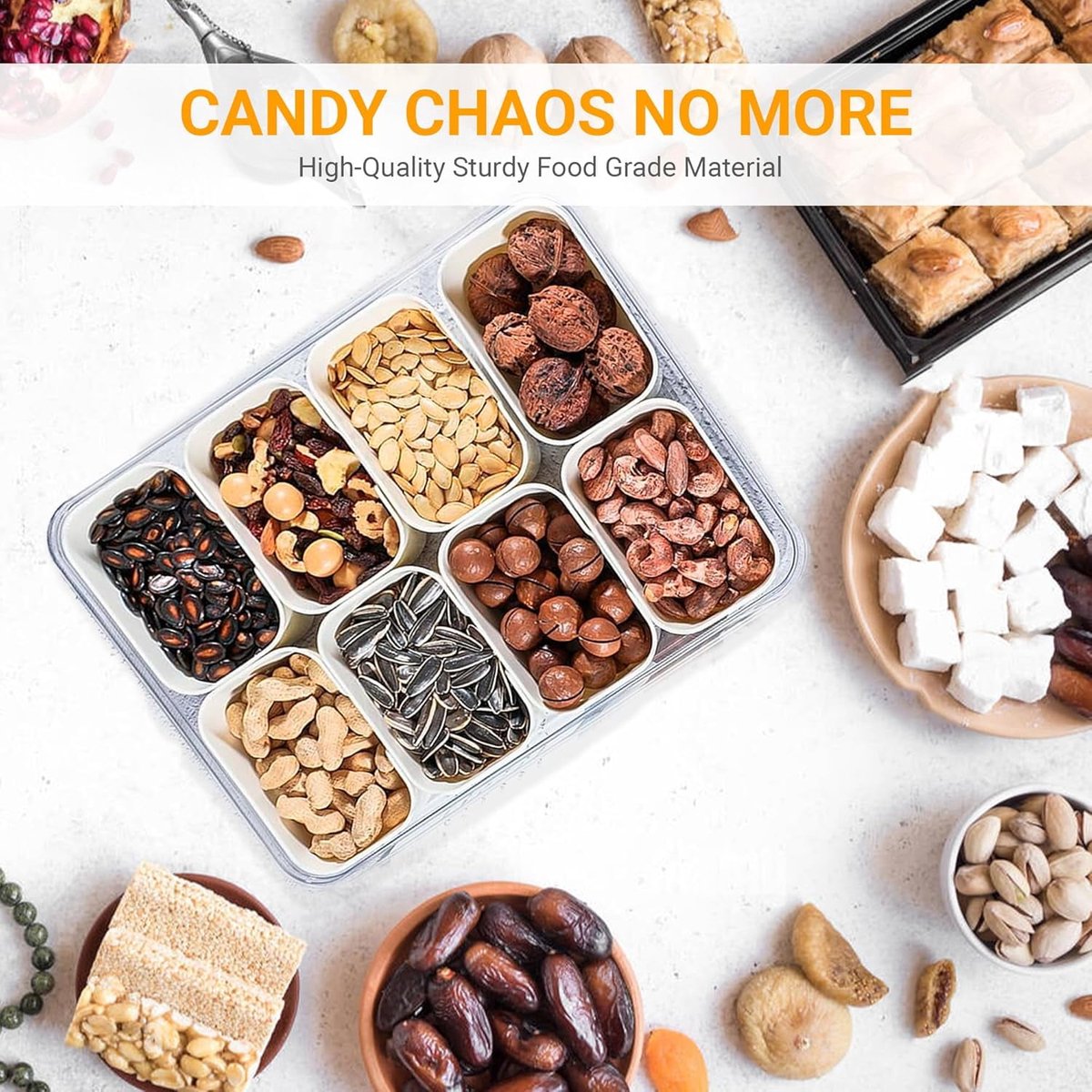 Snack Boxes - Divided trays with lids and handles - Transparent snack boxes for fruit, snacks, sweets and nuts - Ideal for parties and picnics (pack of 2)