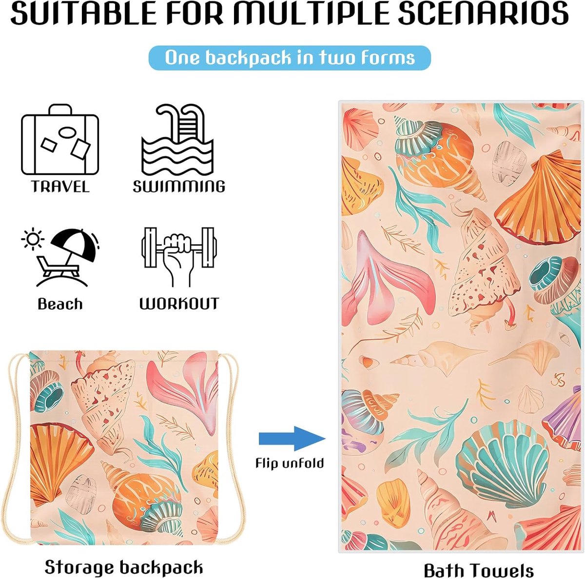 Beach Towel - 2-in-1 Foldable Beach Towel Backpack - Printed Bath Towel - Convertible Beach Mat & Carry Bag - Perfect Companion for Camping, Yoga & Travel（Shell）