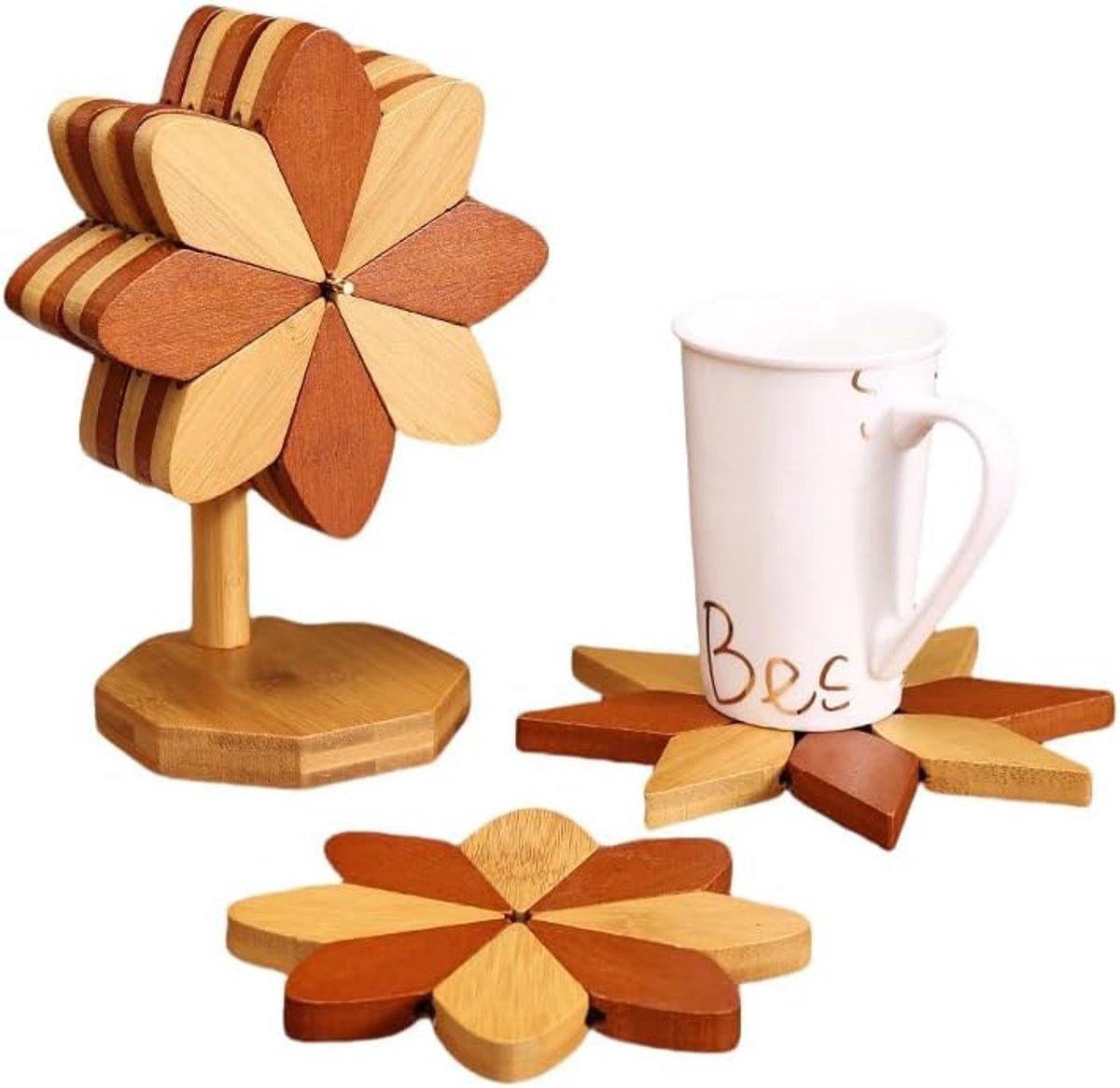 Coasters - Heat-insulating coasters - Wooden heat-insulating bowl mats - Set of coasters with floral motif - including stand - 5-piece set - Brown and natural bamboo